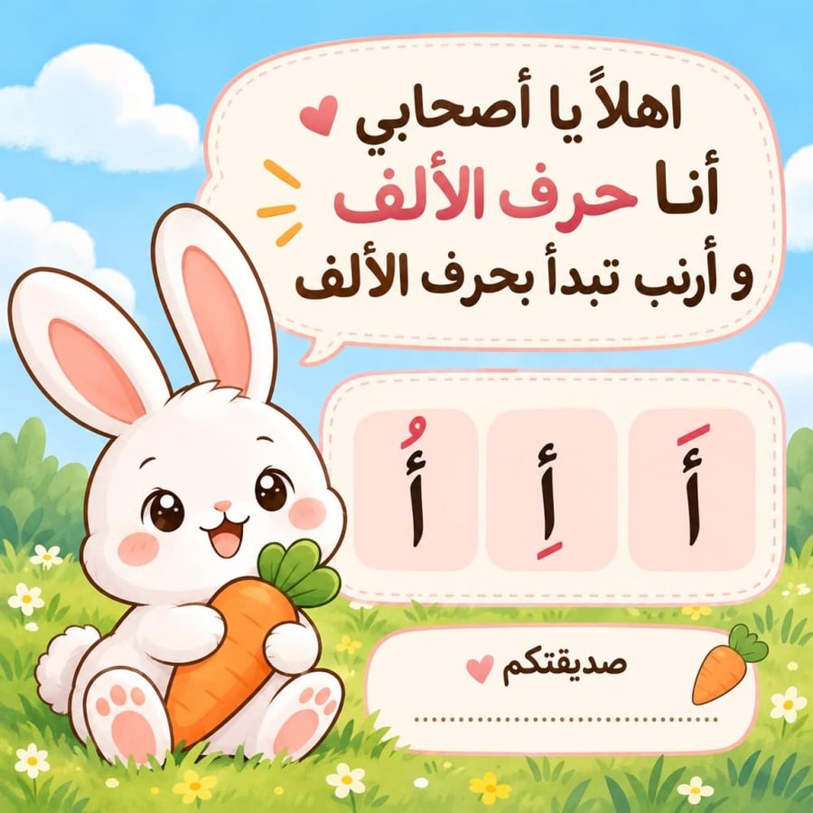 بطاقة حرف الألف بتصميم الأرنب توزيعات للأطفال - نبراس بلس