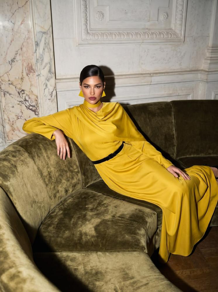 THE DRAPED CAPE GOWN-yellow