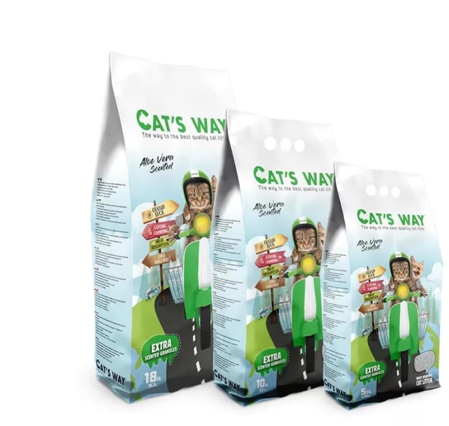 رمل Cat’s Way كاتس واي  بريميوم  بنتونايت تركي  للقطط برائحة الصبار الاولفيرا 10لتر