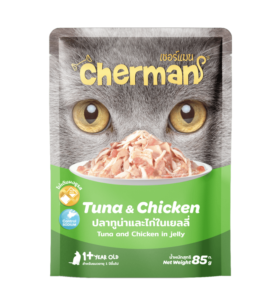 Sherman cartoon, wet cat food, tuna and chicken in jelly, for adult cats, 85 grams, 12 sachets