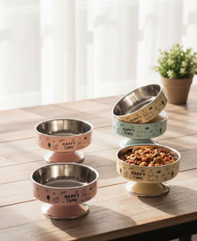Single stainless steel food bowl with raised base for cats and dogs, multiple colors, model 1324