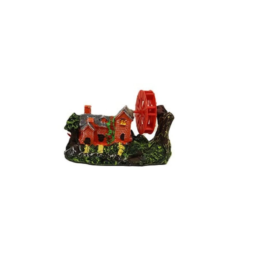 Aquarium decoration in the shape of a small house and a red watermill