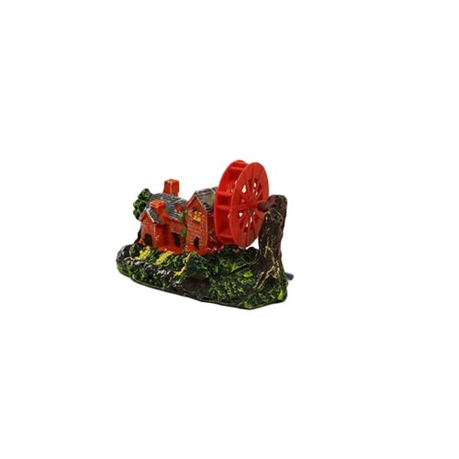 Aquarium decoration in the shape of a small house and a red watermill