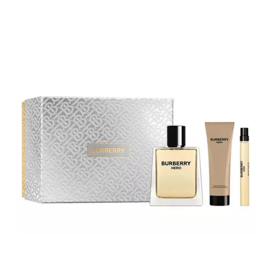 مجموعة بربري هيرو او دي تواليت (عطر 100ملي + بخاخ عطر 10ملي + جل استحمام 75ملي)