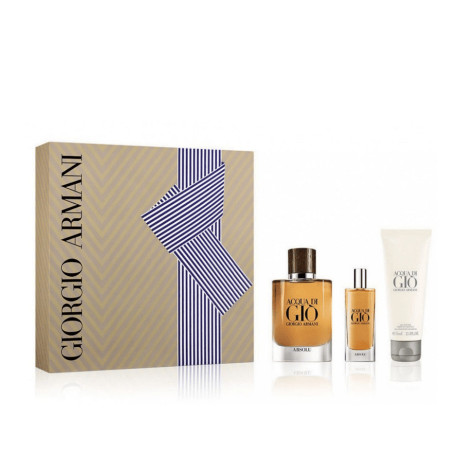 مجموعة ارماني اكوا دي جيو ابسولو او دي بارفان (عطر 75ملي + بخاخ عطر 15ملي + شامبو للجسم 75ملي)