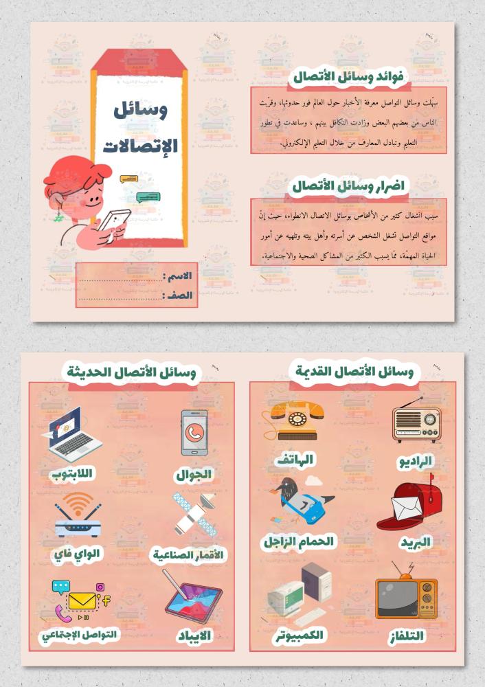 مطوية وسائل الاتصالات مادة ( لغتي ) ثالث وثاني ابتدائي ثيم بنات