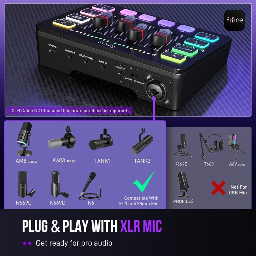 ميكسر صوت اسود Fifine SC3 للألعاب والبث | مدخل XLR + فانتوم 48V | مؤثرات صوتية و RGB