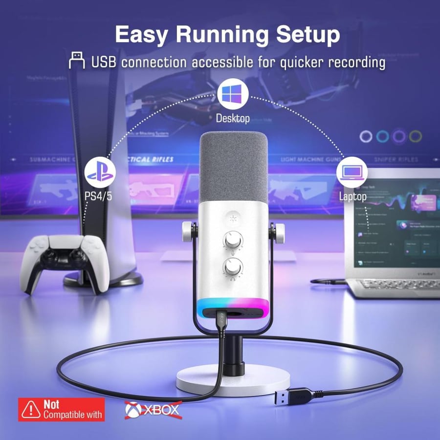 مايك Fifine AM8 ديناميكي أبيض XLR/USB | عزل صوت + RGB | للبي سي و PS5