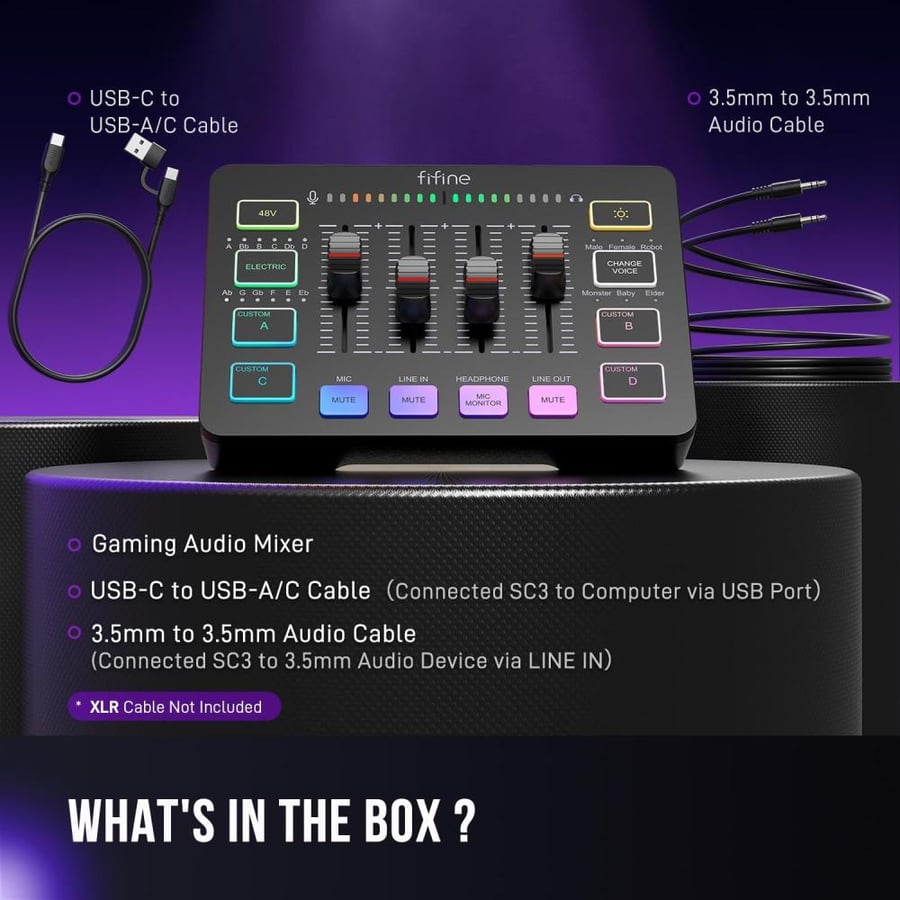 ميكسر صوت اسود Fifine SC3 للألعاب والبث | مدخل XLR + فانتوم 48V | مؤثرات صوتية و RGB