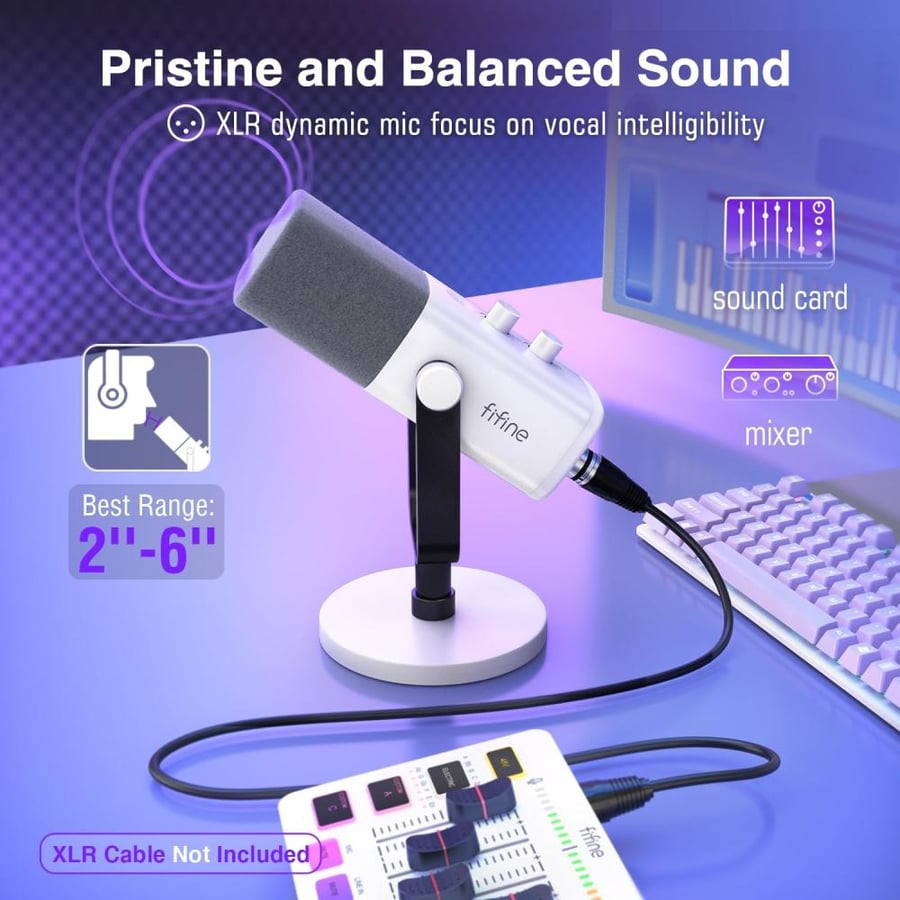 مايك Fifine AM8 ديناميكي أبيض XLR/USB | عزل صوت + RGB | للبي سي و PS5