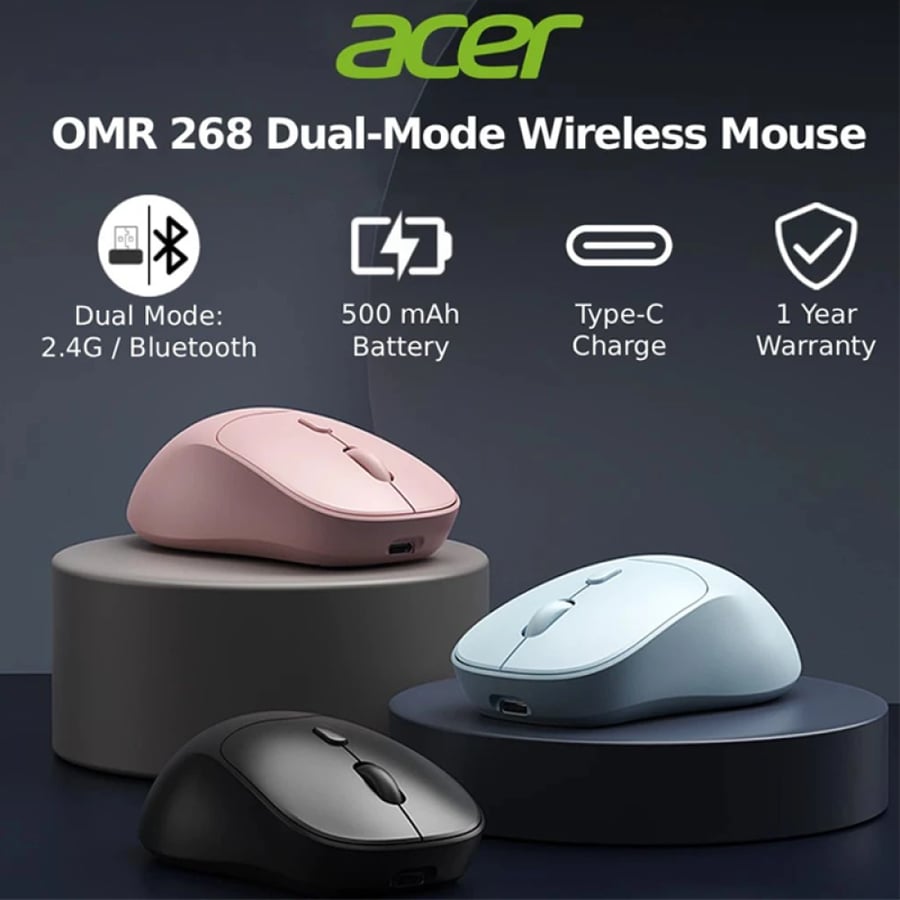 ماوس Acer OMR268 لاسلكي ثنائي الاتصال 2.4G / Bluetooth قابل لإعادة الشحن | Acer OMR268 Dual-Mode 2.4G / Bluetooth Rechargeable Wireless Mouse