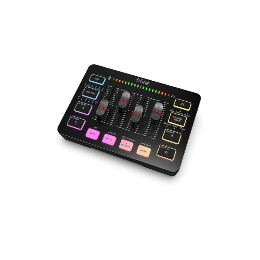 ميكسر صوت اسود Fifine SC3 للألعاب والبث | مدخل XLR + فانتوم 48V | مؤثرات صوتية و RGB