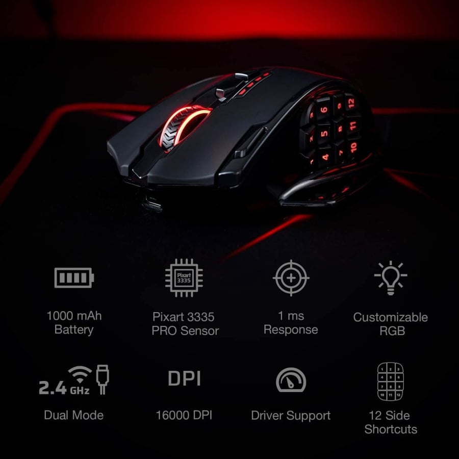ماوس Redragon M913 Black - دقة 16,000 DPI واتصال بلوتوث مع إضاءة RGB