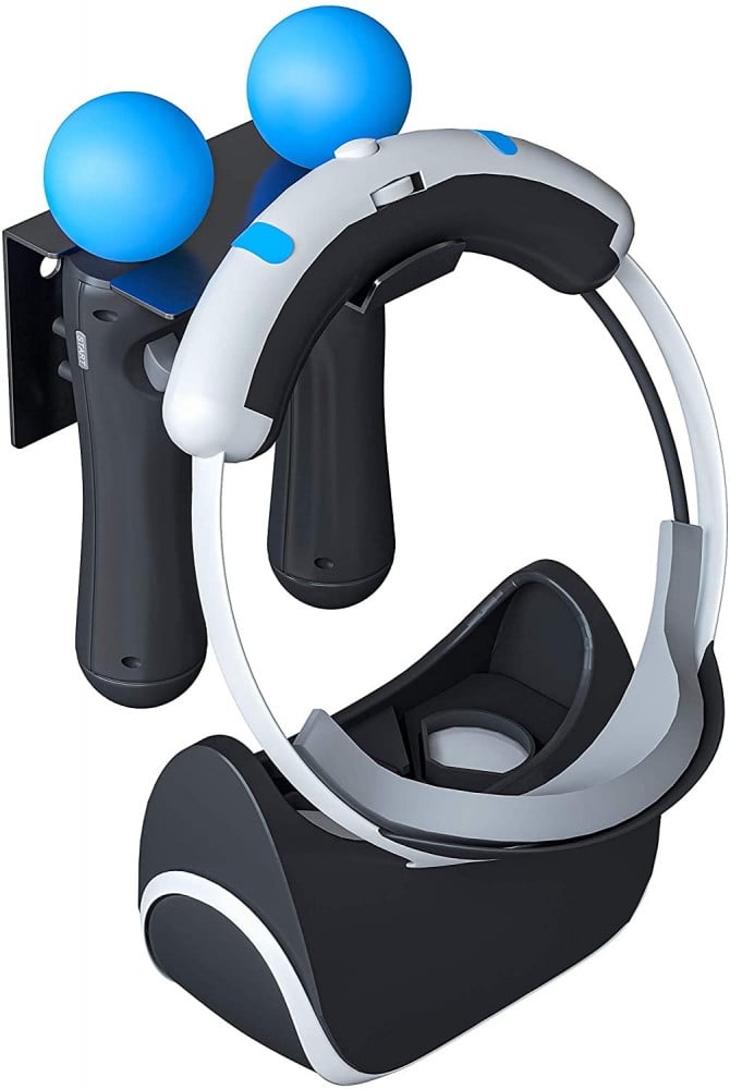 ستناد جداري للفي ار سوني 4 - Skywin PSVR Wall Mount - Adhesive Space Saving PS4 VR Headset Wall Mount Also Holds Move Controllers - VR Mount Organizes VR Headset PS4 and PS4 VR Accessories, Convenient Access Anytime