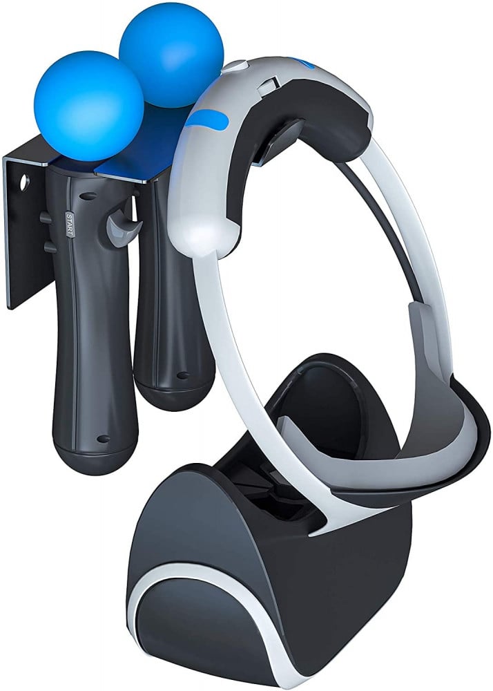 ستناد جداري للفي ار سوني 4 - Skywin PSVR Wall Mount - Adhesive Space Saving PS4 VR Headset Wall Mount Also Holds Move Controllers - VR Mount Organizes VR Headset PS4 and PS4 VR Accessories, Convenient Access Anytime