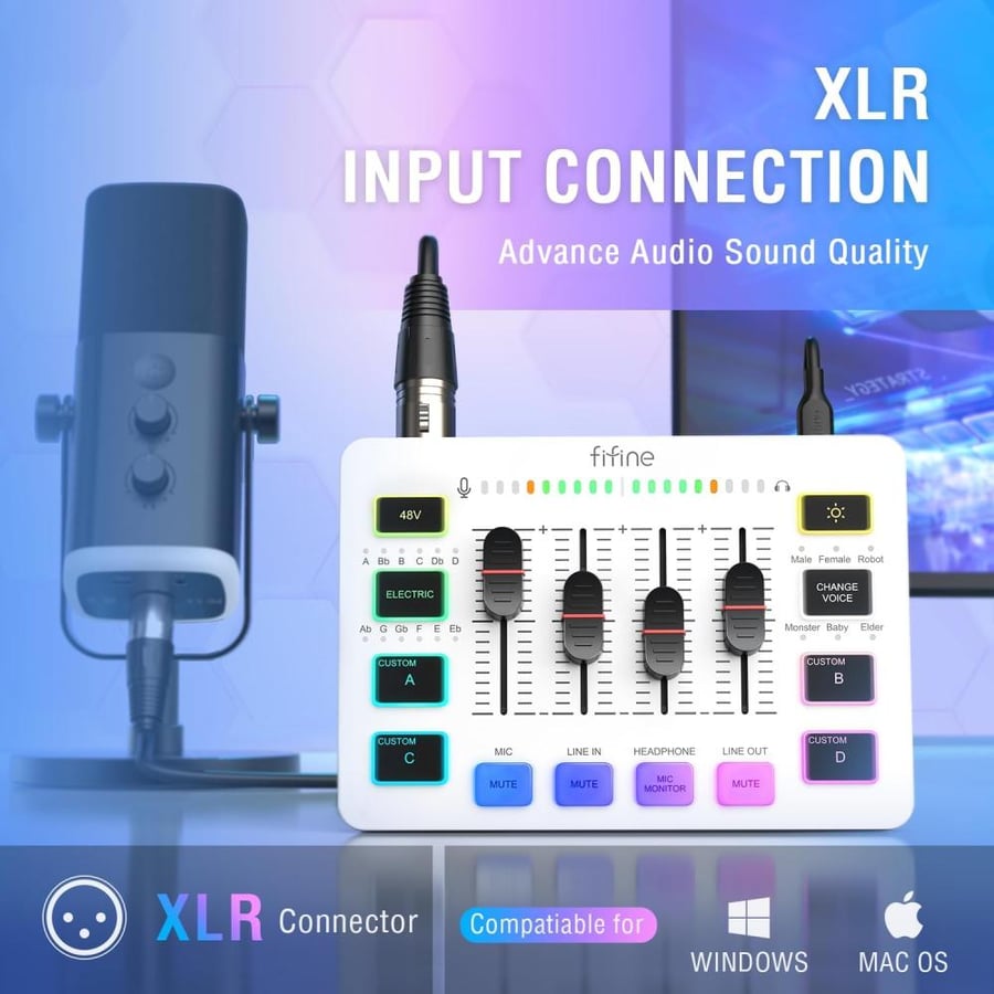 ميكسر صوت ابـيض Fifine SC3 للألعاب والبث | مدخل XLR + فانتوم 48V | مؤثرات صوتية و RGB