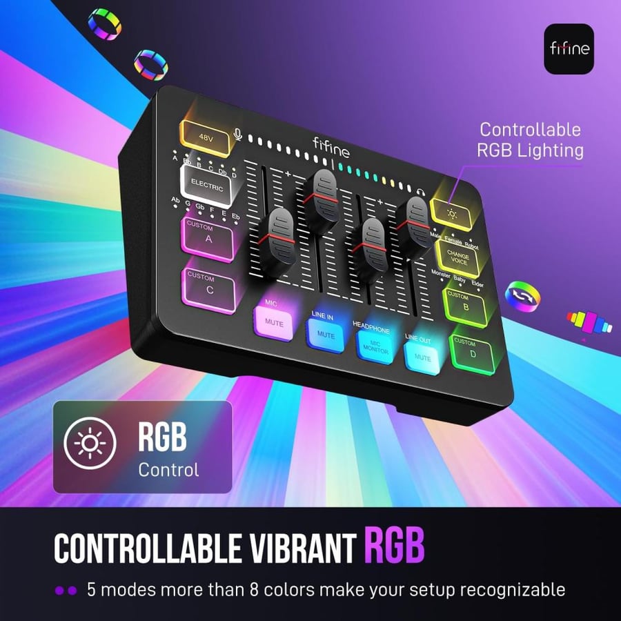 ميكسر صوت اسود Fifine SC3 للألعاب والبث | مدخل XLR + فانتوم 48V | مؤثرات صوتية و RGB