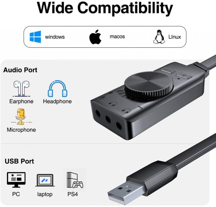 USB Sound Card Adapter BENGOO 7.1 Channel External Audio Adapter Stereo Sound Card Converter 3.5mm AUX Microphone Jack for Gaming Headset Earphone PS4 Laptop Desktop Windows Mac OS Linux, Plug Play