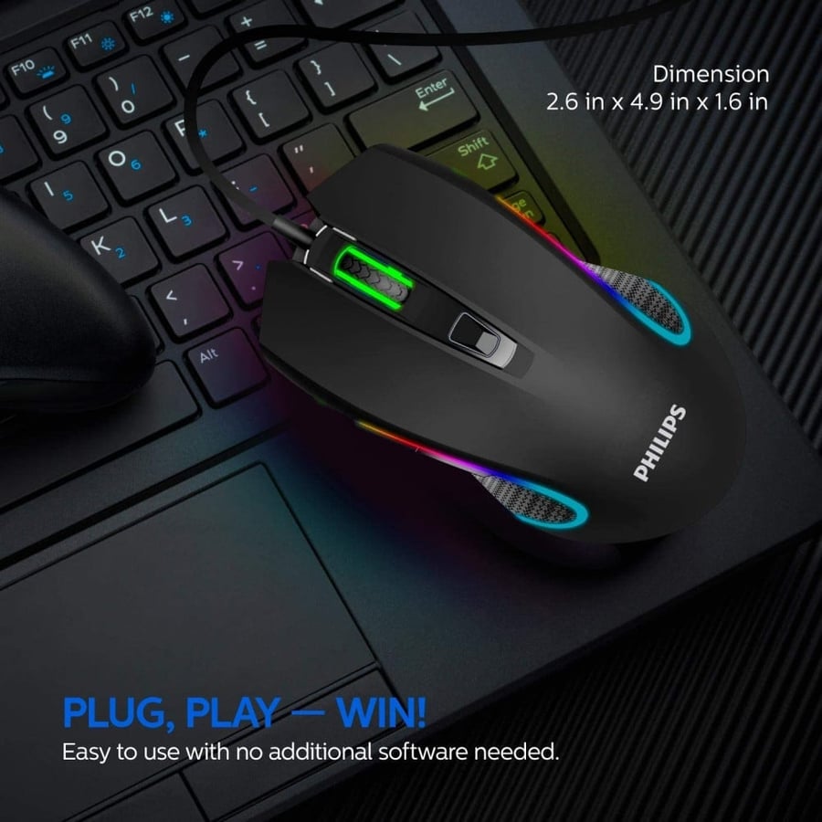 ماوس PHILIPS G201 RGB - دقة 6400 DPI وإضاءة RGB لتجربة ألعاب مميزة