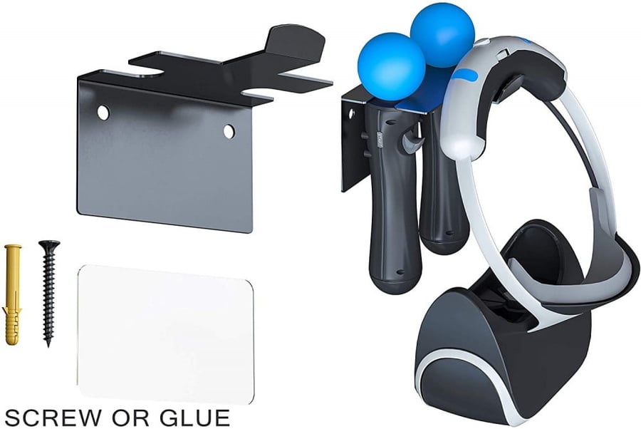 ستناد جداري للفي ار سوني 4 - Skywin PSVR Wall Mount - Adhesive Space Saving PS4 VR Headset Wall Mount Also Holds Move Controllers - VR Mount Organizes VR Headset PS4 and PS4 VR Accessories, Convenient Access Anytime