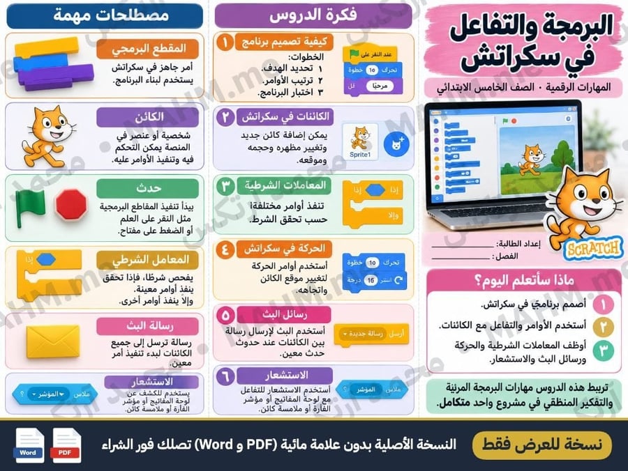 مطوية درس البرمجة والتفاعل في سكراتش المهارات الرقمية الصف الخامس
