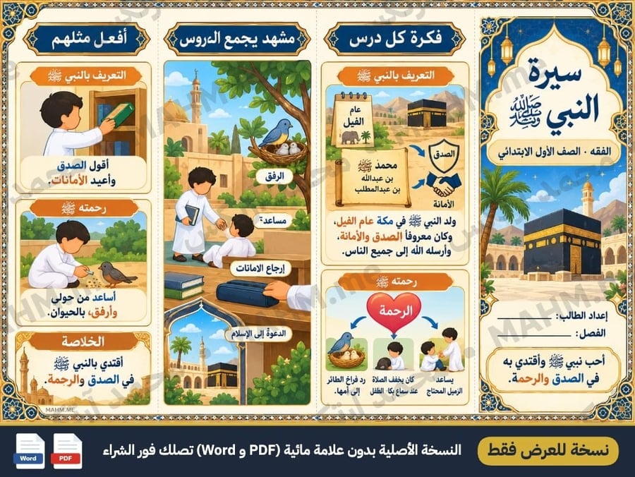 مطوية درس سيرة النبي الدراسات الإسلامية الصف الأول الابتدائي بنين