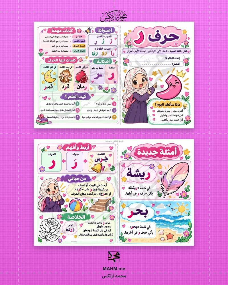 مطوية درس حرف ر - لغتي - الصف الأول الابتدائي بنات