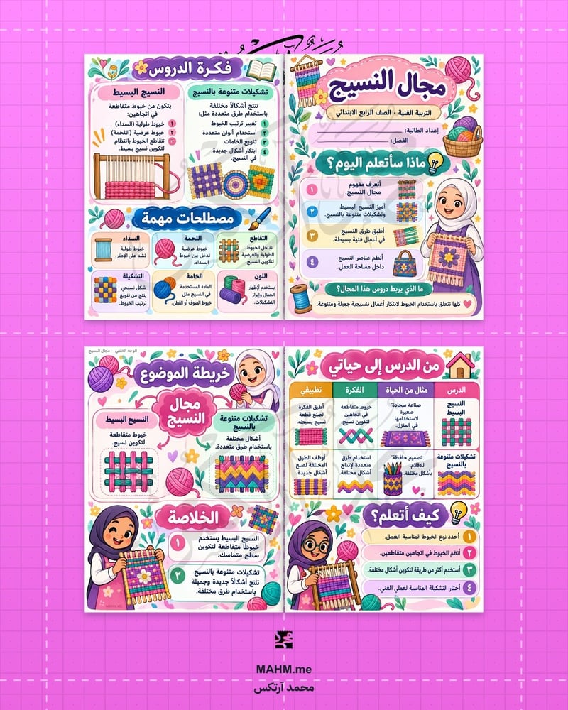 مطوية درس مجال النسيج التربية الفنية الصف الرابع الابتدائي بنات