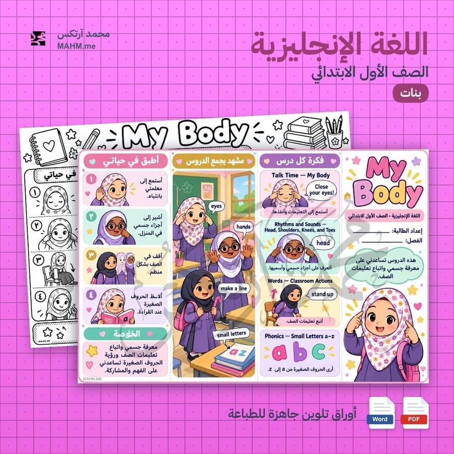 ورقة نشاط تلوين لدرس My Body اللغة الإنجليزية الصف الأول الابتدائي