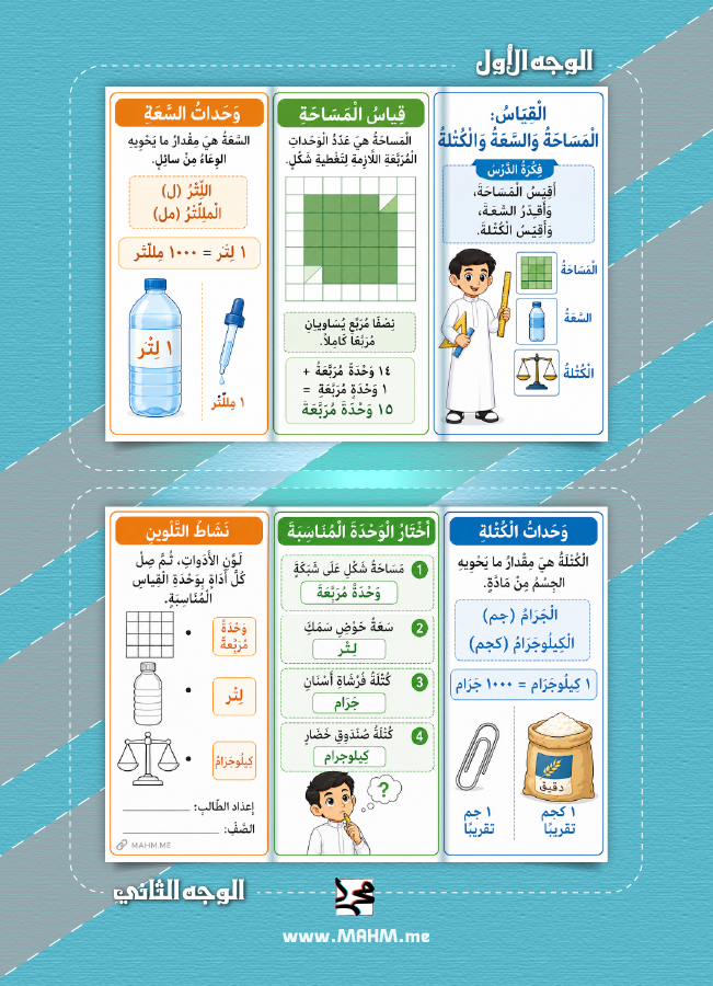 مطوية قياس المساحة والسعة والكتلة ثالث ابتدائي بنين PDF