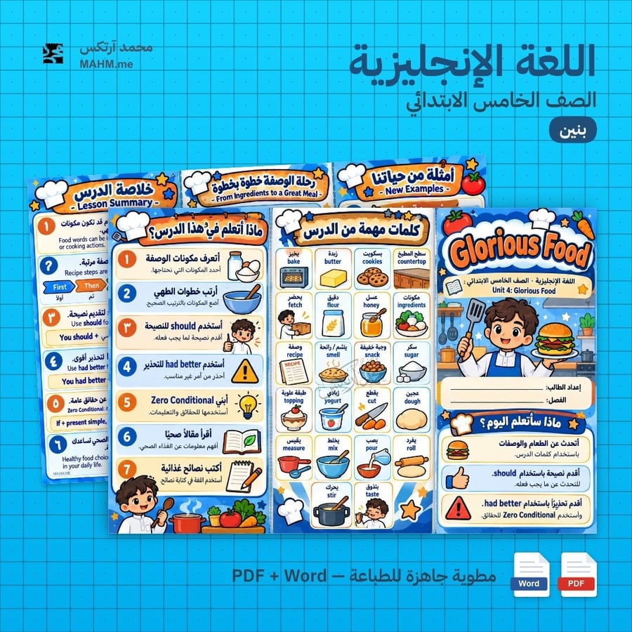 مطوية درس Glorious Food اللغة الإنجليزية الصف الخامس الابتدائي بنين