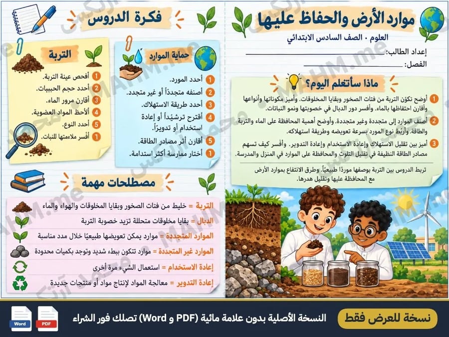 مطوية درس موارد الأرض والحفاظ عليها العلوم الصف السادس الابتدائي بنين