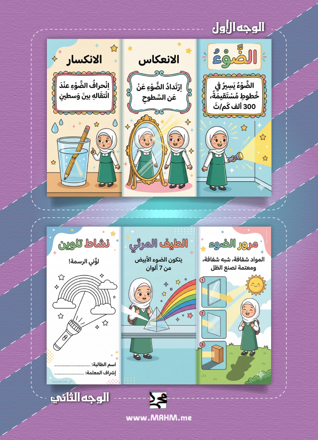 مطوية درس الضوء علوم خامس ابتدائي بنات