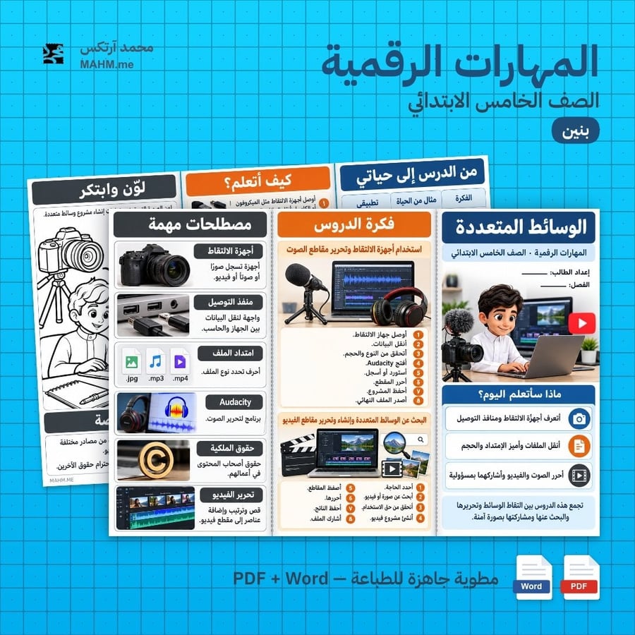 مطوية درس الوسائط المتعددة المهارات الرقمية الصف الخامس الابتدائي بنين