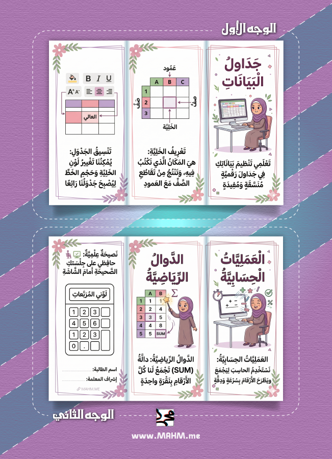 مطوية جداول البيانات خامس ابتدائي بنات - مهارات رقمية