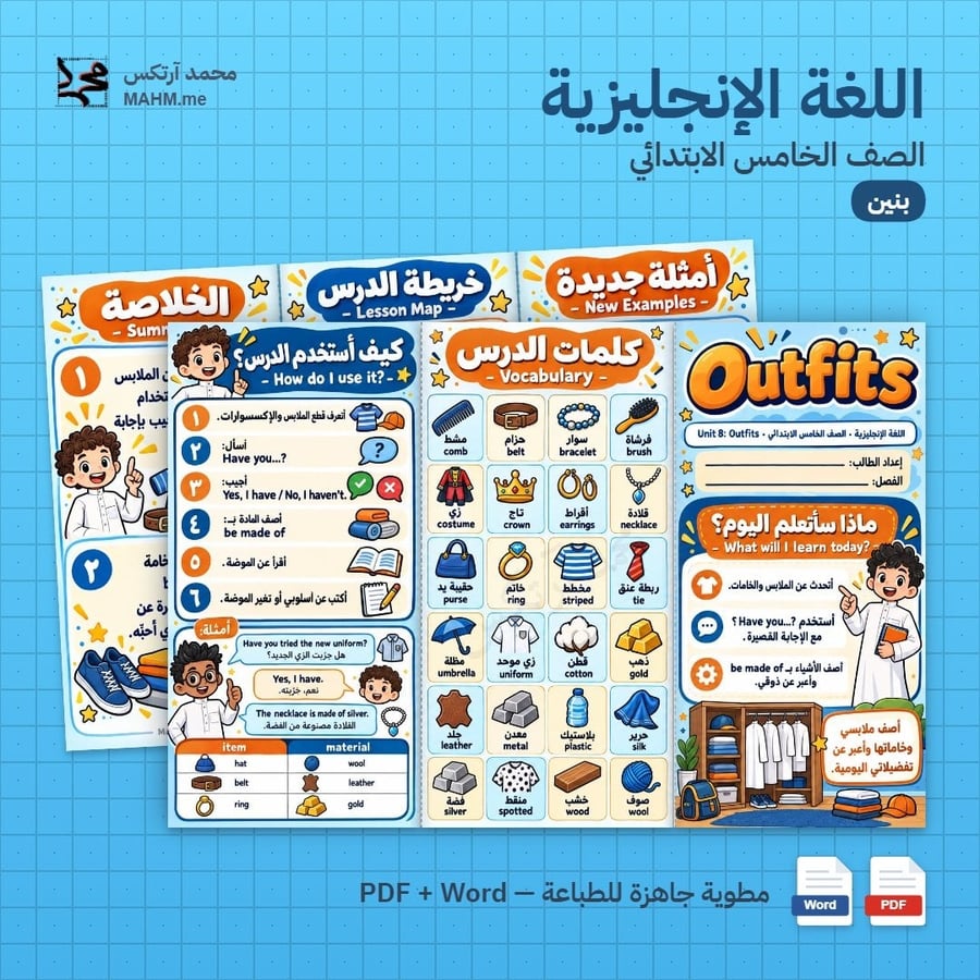 مطوية درس الملابس Outfits العلوم الصف الخامس الابتدائي بنين