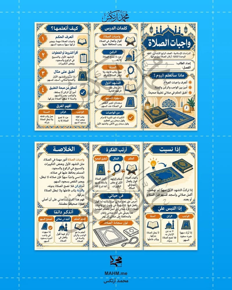 مطوية درس واجبات الصلاة الدراسات الإسلامية الصف الرابع الابتدائي بنين