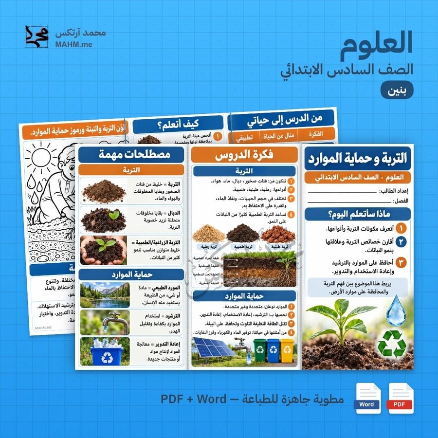 مطوية درس التربة وحماية الموارد العلوم الصف السادس الابتدائي بنين
