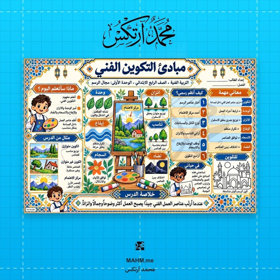 مطوية درس مبادئ التكوين الفني التربية الفنية الصف الرابع الابتدائي
