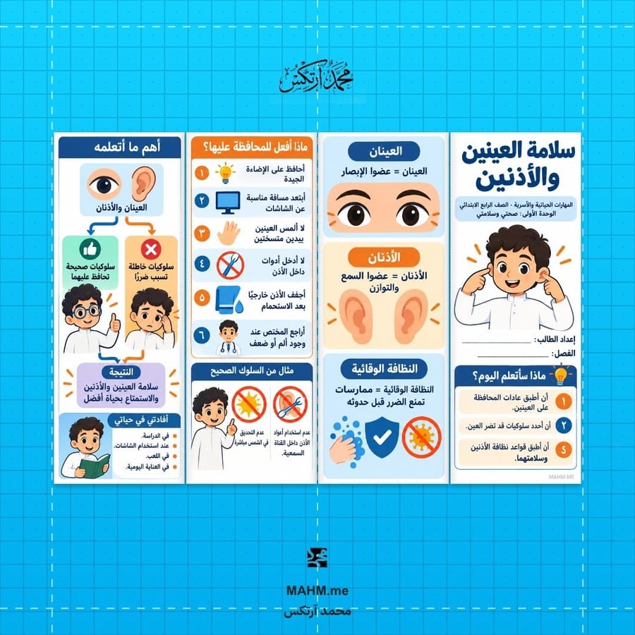 مطوية درس سلامة العينين والأذنين العلوم الصف الرابع الابتدائي بنين
