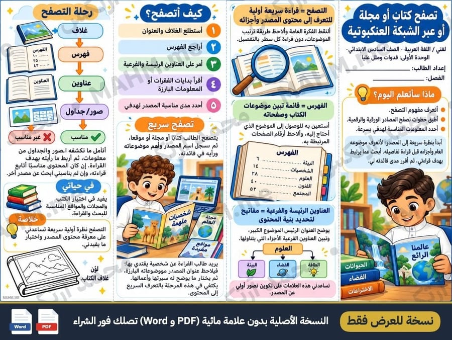 مطوية درس تصفح كتاب أو مجلة أو عبر الشبكة العنكبوتية لغتي الصف السادس