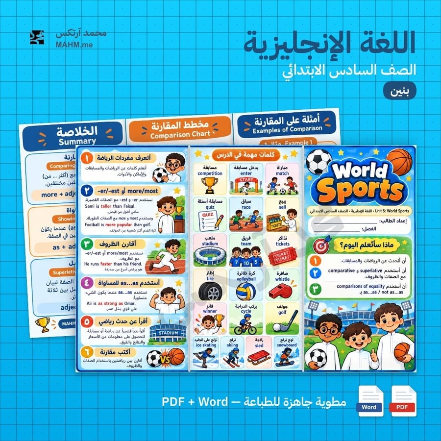 مطوية درس الوحدة الخامسة World Sports اللغة الإنجليزية الصف السادس