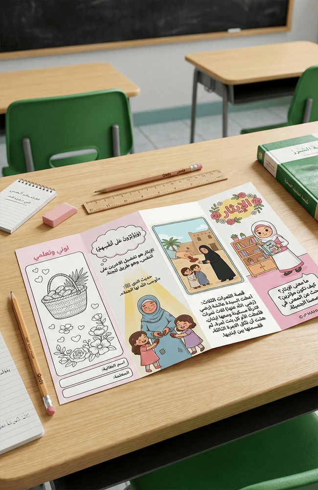 مطوية "خُلق الإيثار" التفاعلية – لغتي الصف الثالث (نسخة رقمية جاهزة للطباعة)