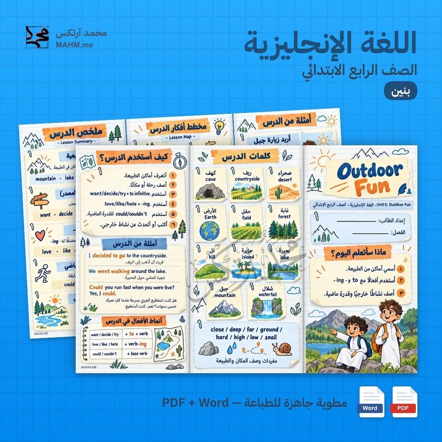 مطوية درس Outdoor Fun اللغة الإنجليزية الصف الرابع الابتدائي بنين