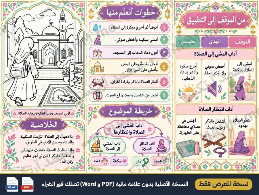 مطوية درس آداب المشي إلى الصلاة وانتظارها الدراسات الإسلامية الصف