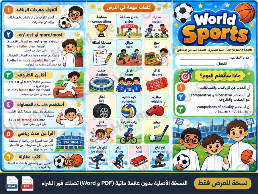مطوية درس الوحدة الخامسة World Sports اللغة الإنجليزية الصف السادس