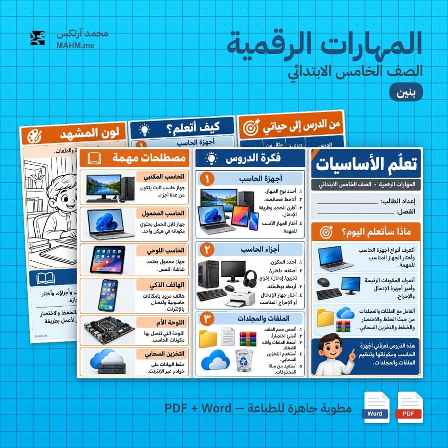 مطوية درس تعلم الأساسيات المهارات الرقمية الصف الخامس الابتدائي بنين