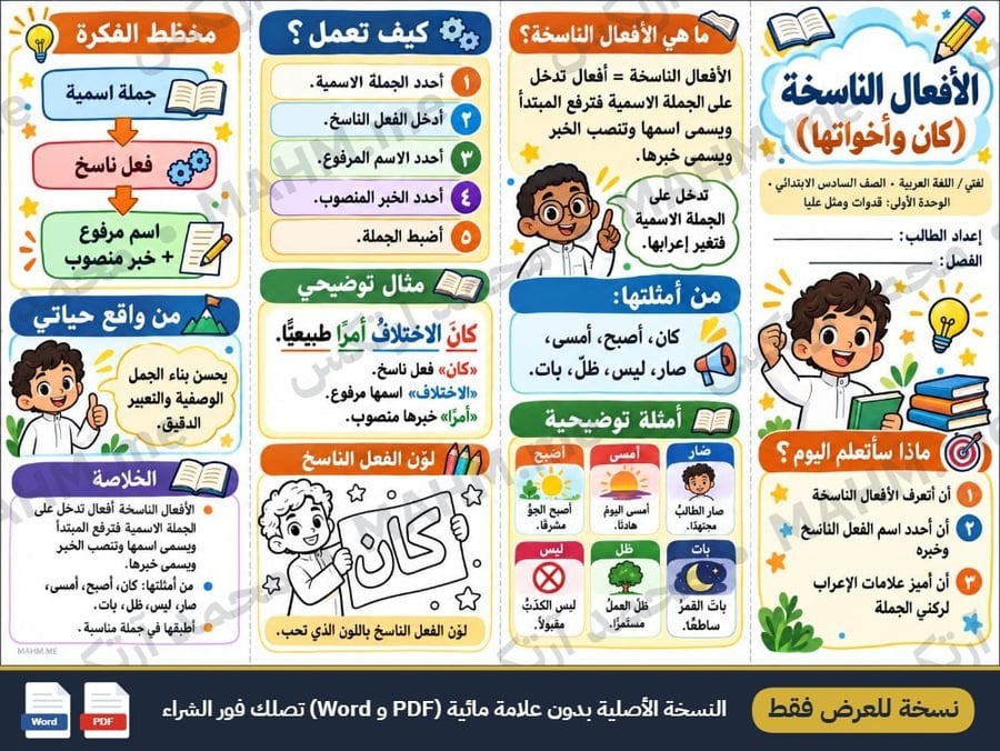 مطوية درس الأفعال الناسخة كان وأخواتها لغتي الصف السادس الابتدائي