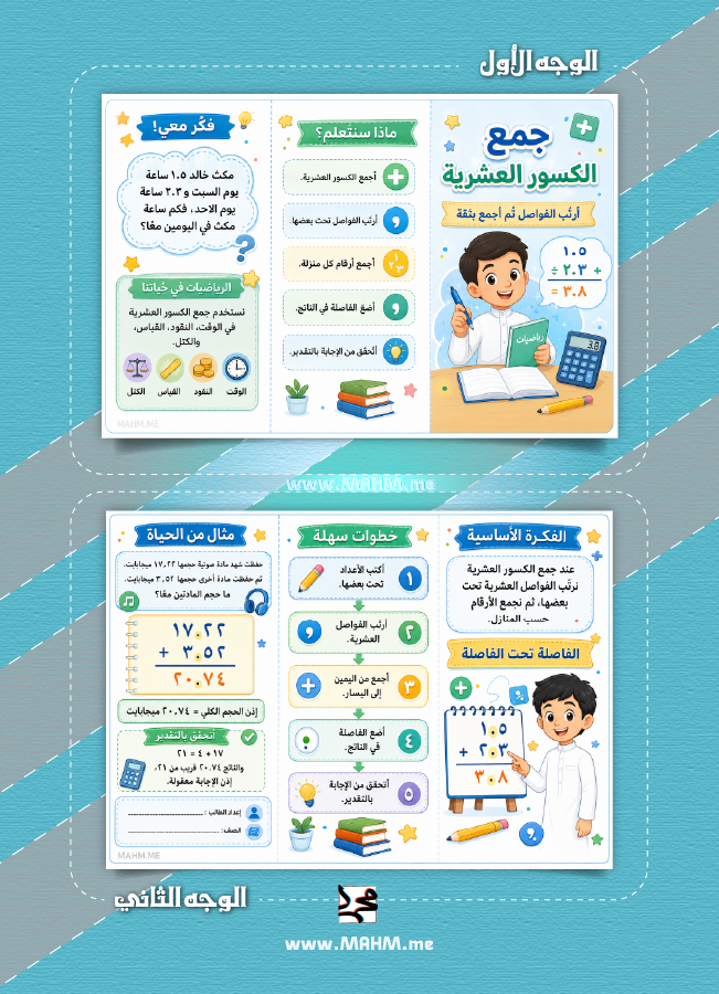 مطوية جمع الكسور العشرية رابع ابتدائي بنين Word و PDF جاهزة