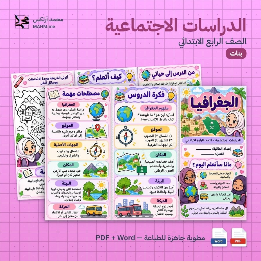 مطوية درس الجغرافيا الدراسات الاجتماعية الصف الرابع الابتدائي بنات